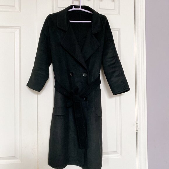 Women Black 100% Wool Double Breasted Button Belted Long Coat Trench Wool Coat - Picture 2 of 6